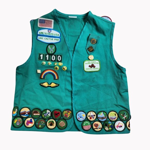 Girl Scouts Vest With Over 40 Badges & Pins 32" chest